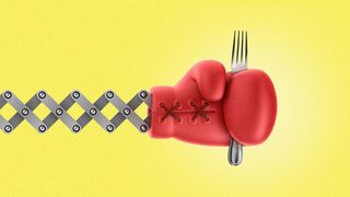 Illustration of an Extended Metal Arm with a Boxing Glove Grabbing a Fork
